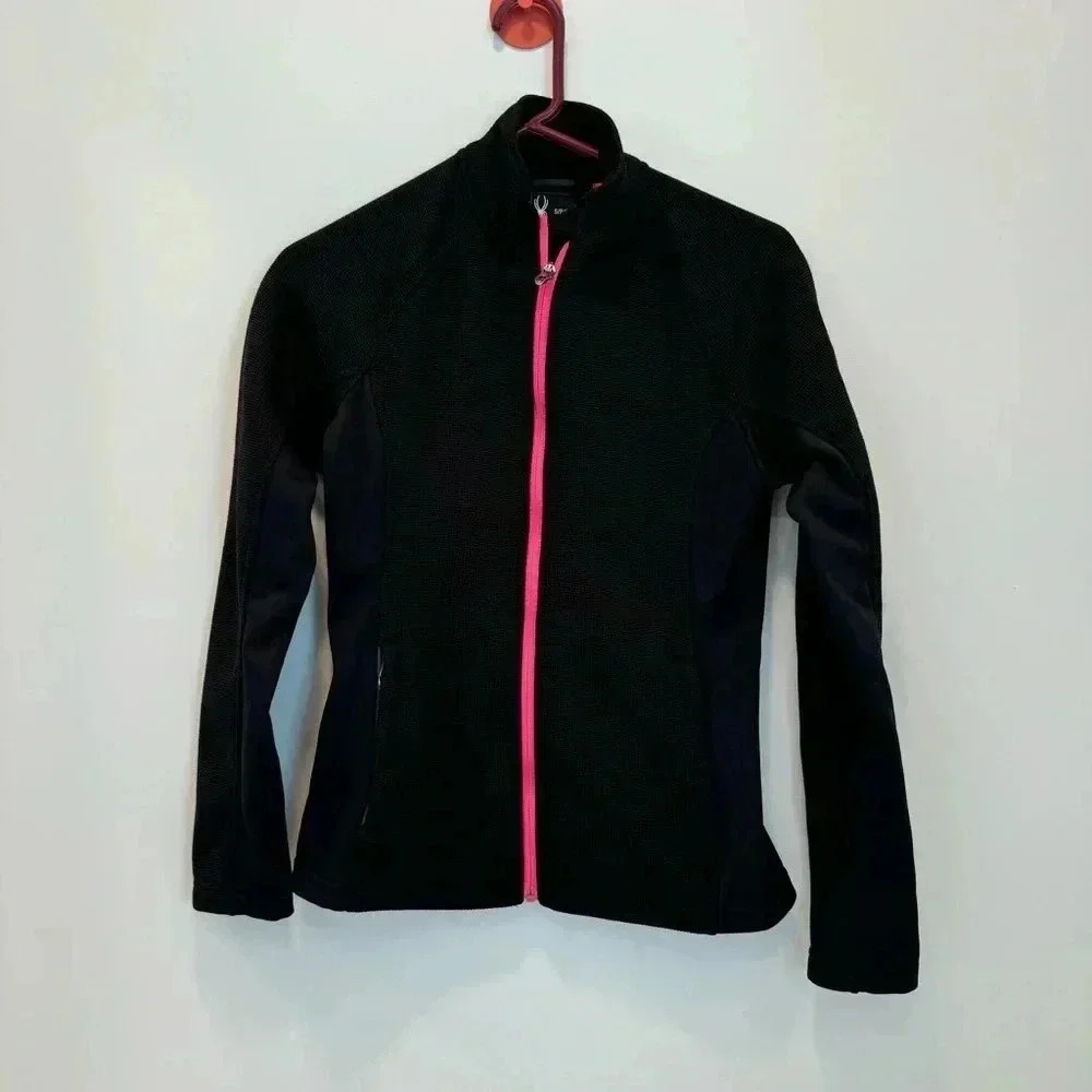 Spyder Womens Jacket Small Black Waffle Weave Knit Full Zip Casual Logo